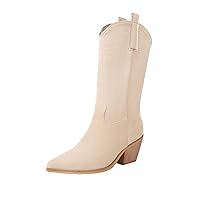 Reitoye Women's Embroidered Western Cowboy Boots Mid Calf Chunky Heel Pull-Up Tabs Classic Cowgirl Boot