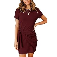 MEROKEETY Women's Short Sleeve Crew Neck T Shirt Dress Tie Waist Ruched Bodycon Mini Dress