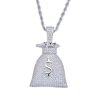Iced Out Personality Dollar $ Symbol Money Bag Pendant 18K Gold Plated Bling CZ Simulated Diamond Hip Hop Necklace for Men Women (silver)