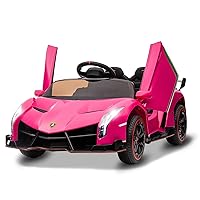 Kids Ride On Car, Licensed Lamborghini Veneno 12V Battery Powered Electric Car w/Parent Remote Control, Scissor Door, 3 Speeds, LED Headlights, Rocking & Music, Ride on Toy for Boys Girls, Pink
