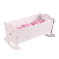 KidKraft Wooden White Lil' Doll Rocking Cradle with Pink Butterfly Pad, Blanket and Pillow for 18-Inch Baby Dolls Gift for Ages 3+