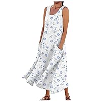 Spring Dresses for Women 2024 Trendy Comfortable Floral Print Sleeveless Cotton Pocket Dress