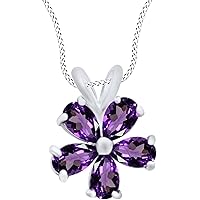 2.00ct Pear Cut Created Amethyst 14k White Gold Plated 925 Sterling Silver Flower Pendant With Chain For Women & Girls