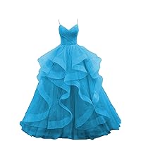 Women Sparkly Tiered Tulle Prom Dresses 2024 Spaghetti Straps Ball Gown Long Puffy Tiered Formal Evening Party Dress Blue