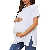 Ecavus Women's Casual Maternity Shirts Split Side Pregnancy Tops Blouses Short Sleeve Loose Fit Maternity Clothes