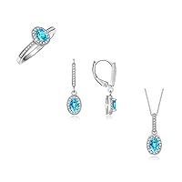 Rylos Women's 14K White Gold Halo Designer Set: Ring, Earring & Pendant Necklace. Gemstone & Diamonds, 6X4MM Birthstone. Perfectly Matching Friendship Gold Jewelry. Sizes 5-10.