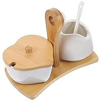 BESTOYARD 3pcs Coffee Creamer Pourer Ceramic Cream Milk Jug Coffee Sweetener Syrup Creamer Boat Serving Trays with Bowls Condiment Jars Bean Jar Coffee Sugar Bamboo Milk Tea White Sugar Bowl