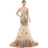 Women's Gold Sequins Embroidery Strapless Mermaid Prom Evening Dress