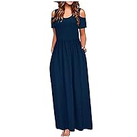 XJYIOEWT Long Summer Dresses for Women 2024, Elegant Print Dress Long Cold Shoulder Dress Floral Maxi Women Summer Pock