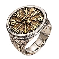 Two Tone 925 Sterling Silver Viking Compass Vegvisir and Skull Ring Round Signet Ring Norse Jewelry for Men Adjustable