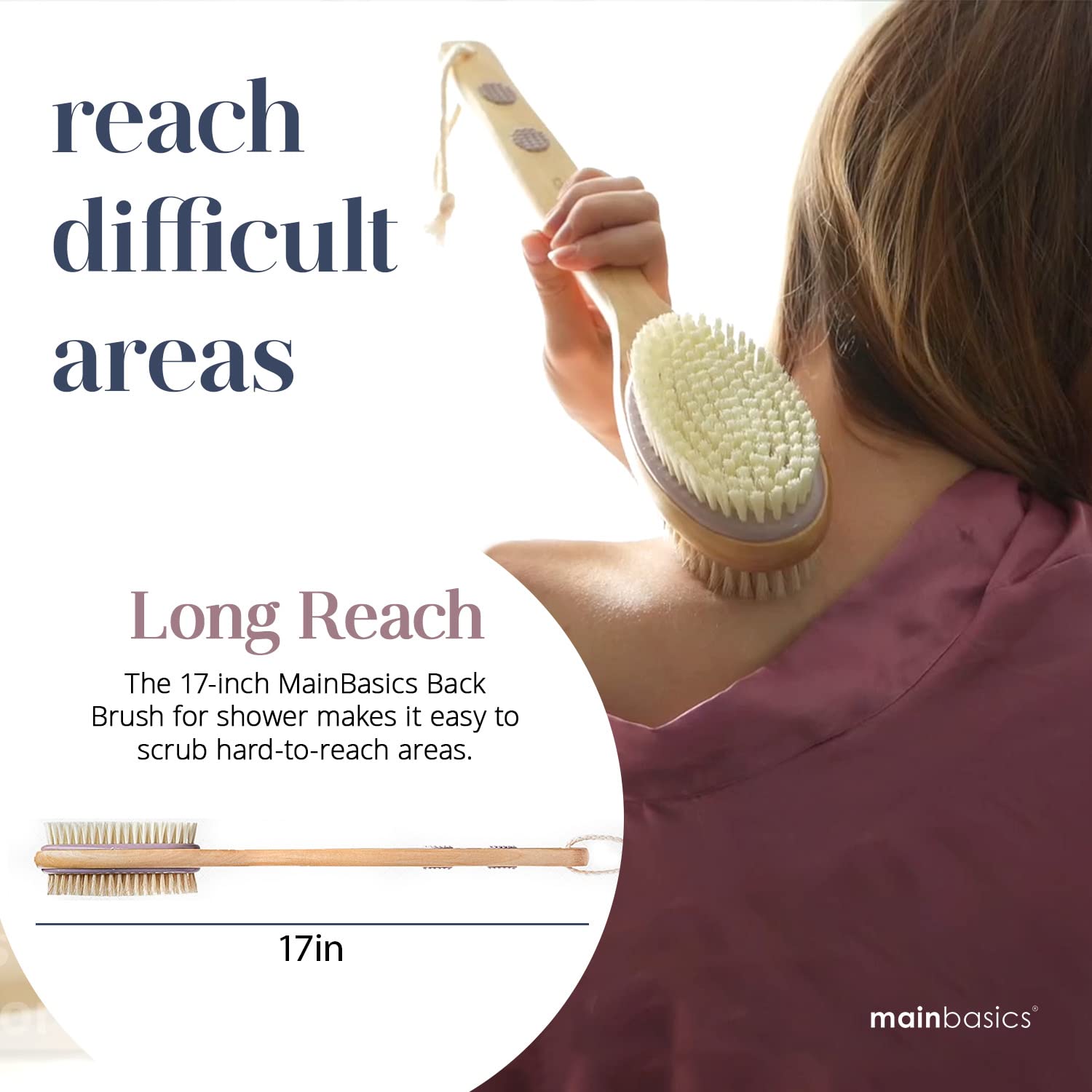MainBasics Back Scrubber for Shower Long Handle Back Brush Dual-Sided with Exfoliating and Soft Bristles