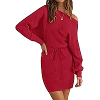 Women's Off Shoulder Batwing Sleeve Sweater Dress Ribbed Knit Bodycon Mini Dresses with Belt