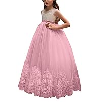 VeraQueen Girl's A Line Lace Pageant Ball Gowns O Neckline Cap Sleeves Flower Girl Dress Peach