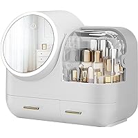 Cosmetic Organizer with Fan and 360° Rotating LED Mirror 3 Color Adjustable Standing Countertop Multifunctional Makeup Storage Box ( White)