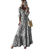 Spring Autumn Flower Long Dresses for Women Casual Holiday A-line Dress Elegant Bohemian Style