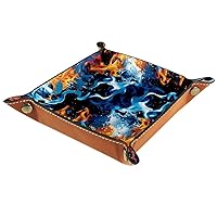 Hockey Fire & Blue Water Folding Rolling Thick PU Brown Leather Valet Catchall Organizer Table, Small Jewelry Candy Key Trays Storage Box Decor, Entryway Tray