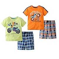 Toddler Boy Summer Outfits Cartoon Dinosaur Motorcycle Truck 4-pieces Short Sleeve T-shirt Short Clothes Set 2-Pack