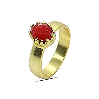 Synthetic Red Coral 9X7 MM Oval Rose Cut Gold Plated Brass Ring Jewelry