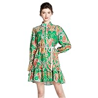 Floral Print Pleated Dress for Women Stand Collar Lantern Long Sleeve Lace Up Slim High Waist Mini Dress Female