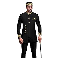 Men`s Business Suit Dashiki Blazer and Trousers Match Hats 3 PCS African Clothes for Wedding Attire