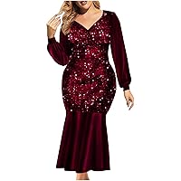 Black Dresses Womens Sexy V-Neck Sequin Sparkly Mermaid Evening Dress Long Sleeve Formal Bodycon Maxi Dress Prom Gowns