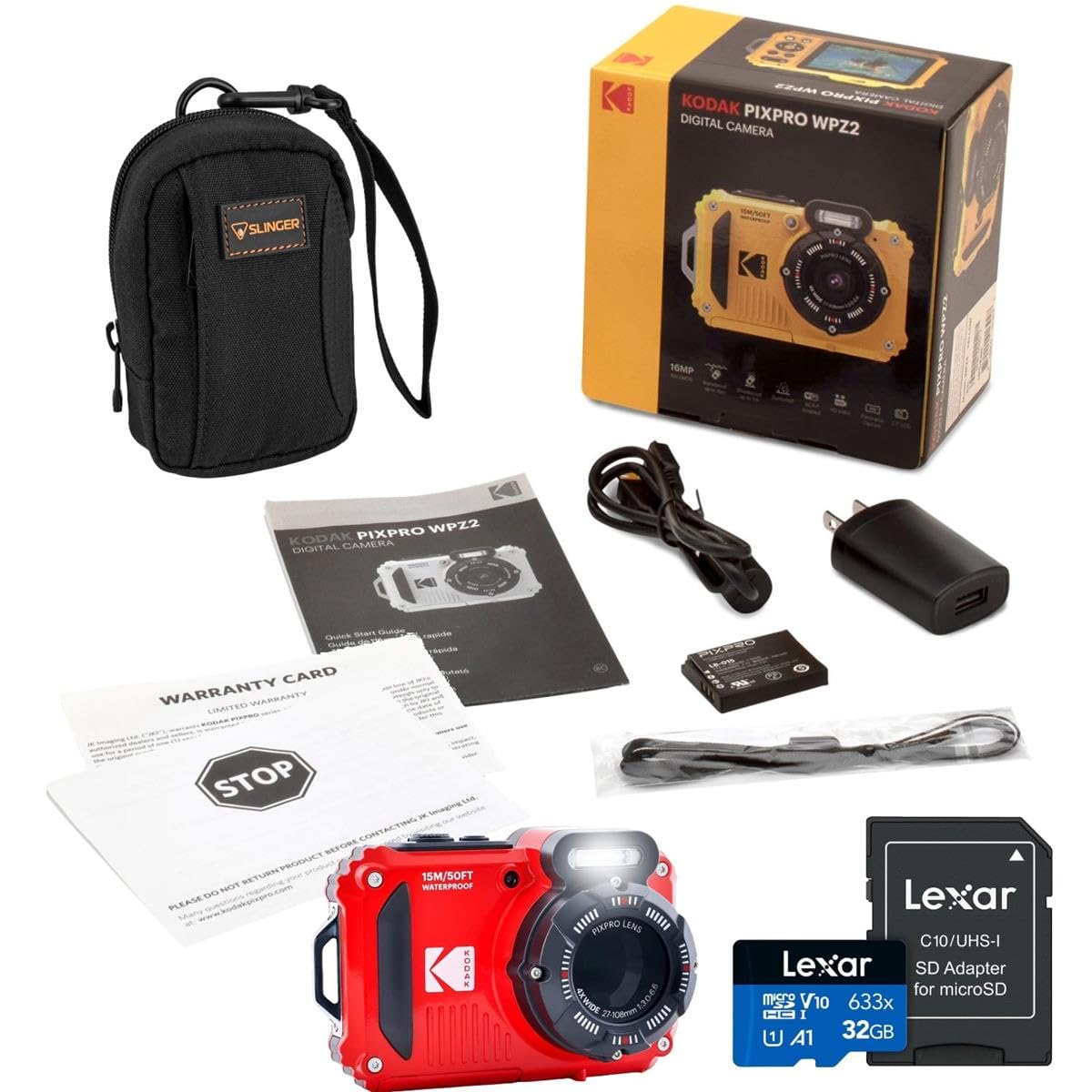 KODAK PIXPRO WPZ2 16MP Full HD Waterproof Rugged Digital Camera, Red, Bundle with 32GB Memory Card and Camera Bag