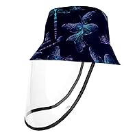 Dragonfly Insect Navy Blue Outdoor Cap with Face Shield Sun Protection Fisherman Hats Windproof Dustproof UV Protective Hat for Boys & Girls, 21.2 Inch