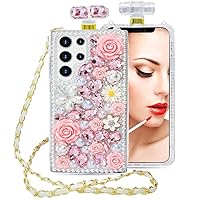 Beauty Floral Phone Case for Samsung Galaxy S24 S23 S22 S21 Ultra Plus FE Perfume Bottle TPU Cover with Crossbody Long Leather Lanyard (Floral, Galaxy S23 Plus)