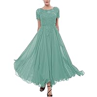 Women's Chiffon Lace Tea Length Mother of The Bride Dress Short Sleeves Cocktail Party Gowns