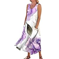 Summer Casual Outfits for Women Bohemian Dress for Women 2024 Floral Print Casual Loose Fit Linen with Sleeveless U Neck Pockets Dresses Light Purple XX-Large