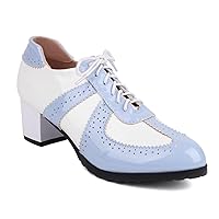 Women Block Heel Oxford Shoes Perforated Round Toe Two Tone PU Leather Lace Up Cosplay Dress Pumps