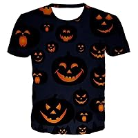 ACSUSS Mens 3D Pumpkin Scary Face Print Round Neck Short Sleeves T-Shirt Halloween Tops Tees