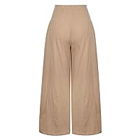 Womens Smocked High Waist Long Pants Cotton Linen Wide Leg Plain Trousers Summer Lounge Comfy Pants with Pockets
