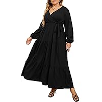 KOJOOIN Women Plus Size V Neck Wrap Maxi Dress High Waist Long Sleeves Ruffle Hem Casual Dress with Belt