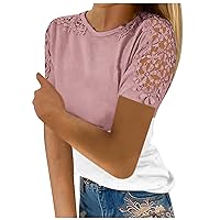 Blouses for Women Business Casual, Women's Fashion Lace Hollow Solid Colour Round Neck Short Sleeve T-ShirtTop