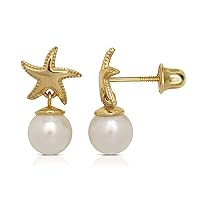 JewelryWeb Solid 14k Gold Starfish and Freshwater Cultured Pearl Screw back Stud Earring (7mm wide x 11mm long)