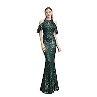 Womens O Neck Short Sleeves Mermaid Sequins Long Formal Evening Prom Homecoming Party Cocktail Dresses Gown