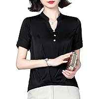 Women's Work Chiffon Tops Fashion V-Neck Short Sleeve Pleated Patchwork Button Blouse Elegant Soft Loose Shirt