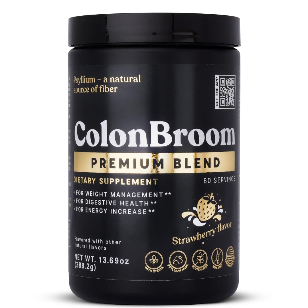 ColonBroom Premium Psyllium Husk Powder & Colon Cleanser, Gluten Free, Non-GMO Strawberry Psyllium Husk Fiber Powder Drink, for Bloating Relief, Gut/Colon Health (60 Servings)