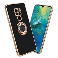 Case Compatible with Huawei Mate 20 in Glossy Black - Gold with Ring - Protective Cover Made of Flexible TPU Silicone, with Camera Protection and Magnetic car Holder