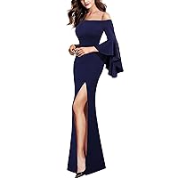 VFSHOW Womens Off Shoulder Bell Sleeve Formal Evening Wedding Party Maxi Dress
