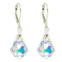 Clear Aurora Borealis Sterling Silver Leverback Dangle Earrings made with Austrian crystal
