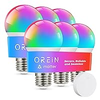 Matter Smart Light Bulbs with Remote Control Reliable WiFi Light Bulb A19 E26 LED Color Changing Light Bulbs 60W Equi 800LM CRI90 Work with Alexa/Google Home/Apple Home/SmartThings/Siri 6Pack