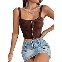 Women's Tops Sexy Tops for Women Shirts Button Detail Ribbed Knit Top Shirts for Women (Color : Chocolate Brown, Size : Large)