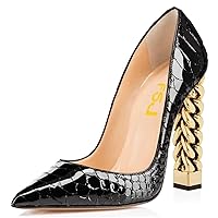 FSJ Women Gold Metal Chain Chunky High Heel Pointed Toe Slip On Fashion Party Prom Pumps Prom Shoes Size 4-15 US