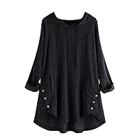Women's Casual Flowy Cotton Linen Tunic Tops Drawstring Roll Up Sleeve Hooded T Shirt Blouses High Low Hem Blouse Top