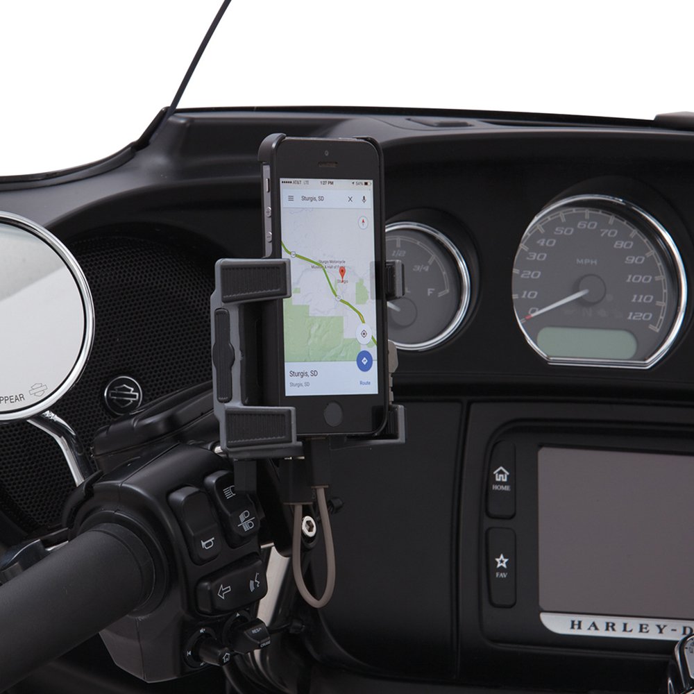 Ciro 50211 Smartphone/GPS Holder (Black Perch Mount With Charger For 1984-2016 Models (Excluding 2014-2016 Street Glide Models))