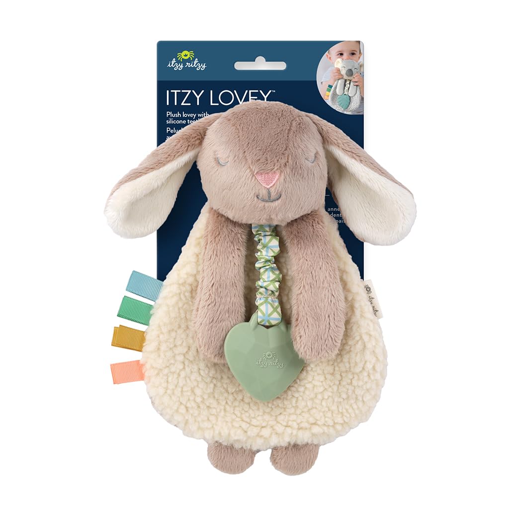 Itzy Ritzy - Itzy Lovey Including Teether, Textured Ribbons & Dangle Arms; Features Crinkle Sound, Sherpa Fabric and Minky Plush; Taupe Bunny