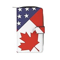 America Canada Flag Womens Leather Wallets Slim Card Holder Purse RFID Blocking Bifold Clutch Handbag Zippered Pocket