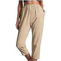 Women's Summer Basic Capri Pants Cotton Linen Elastic Waisted Palazzo Pants Casual Loose Calf Length Pants with Pockets